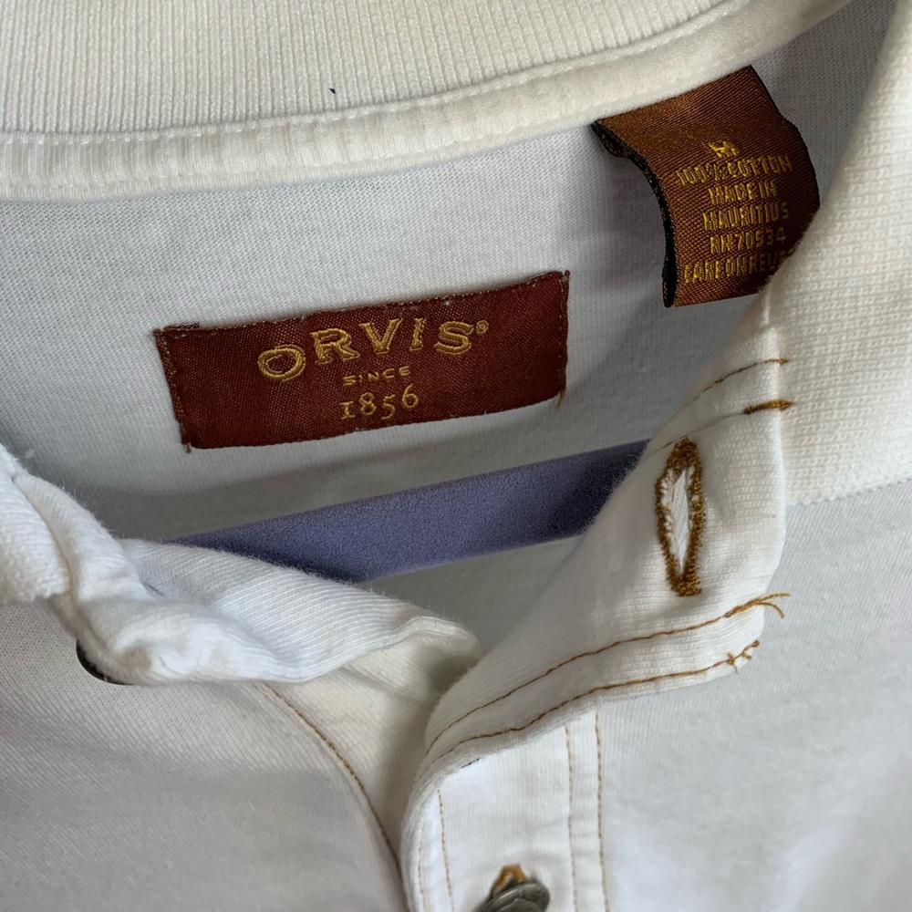 Orvis Cream Polo Partial Button Down T shirt MED - Picture 3 of 5
